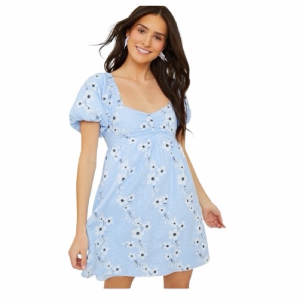 Altar’d State Gingham Daisy Print Embroidered Puff Sleeve Mini Dress. Size Small